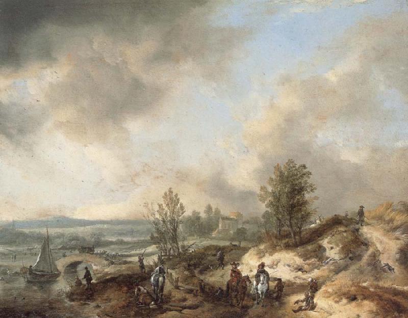 Philips Wouwerman A Dune Landscape with a River and Many Figures Germany oil painting art